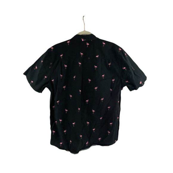 Hurley Black Button-Up Shirt Pink Flamingo Print Short Sleeves Casual Vacation L - Picture 2 of 12
